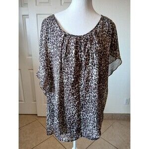 DRESSBARN Womens 1X Leopard Print Batwing Pullover Top Brown‎ Sheer Flowy Casual